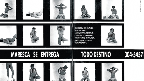 “Maresca se entrega a todo destino”. Fotoperformance publicada por la revista El Libertino en 1993. Foto: Alejandro Kuropatwa.